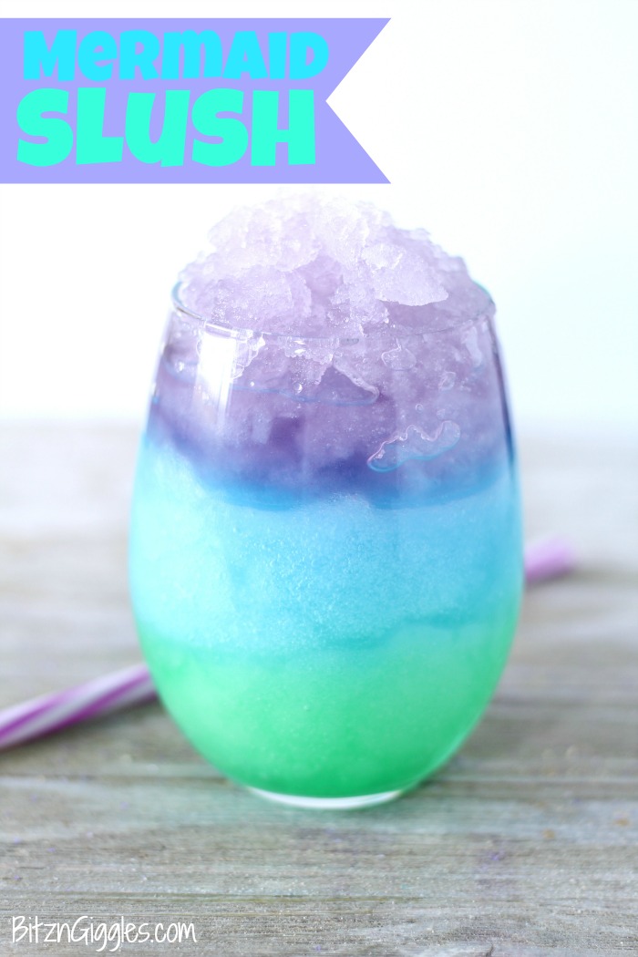 Mermaid Slush - A fun and colorful kidMermaid Slush - A fun and colorful kid-friendly layered drink perfect for birthdays and parties! #slush #kidsdrink #slushie #BitznGiggles #mermaid #recipe #drinkrecipes #drinks #nonalcoholicdrinks #slushies