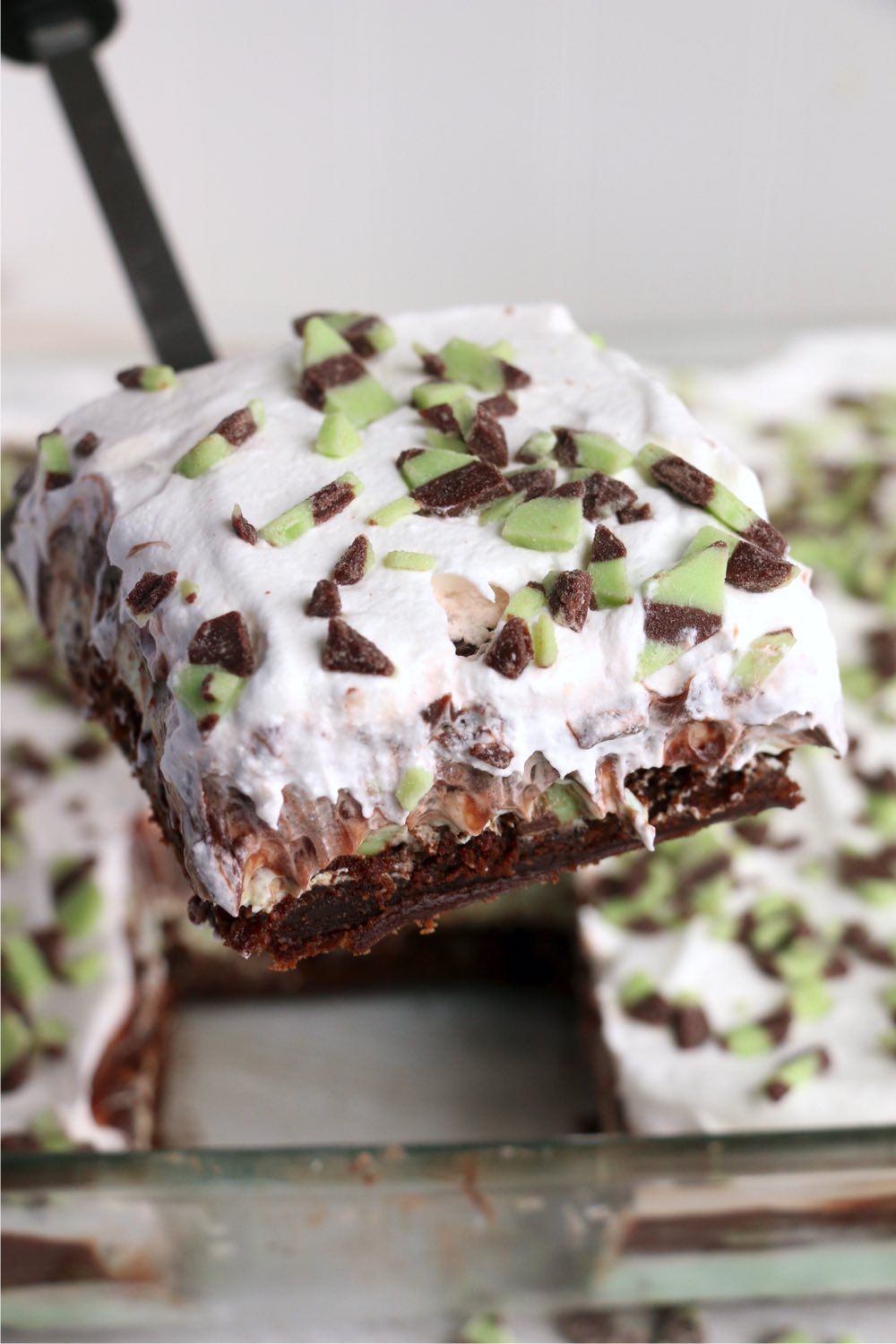 piece of mint chocolate lush dessert on spatula