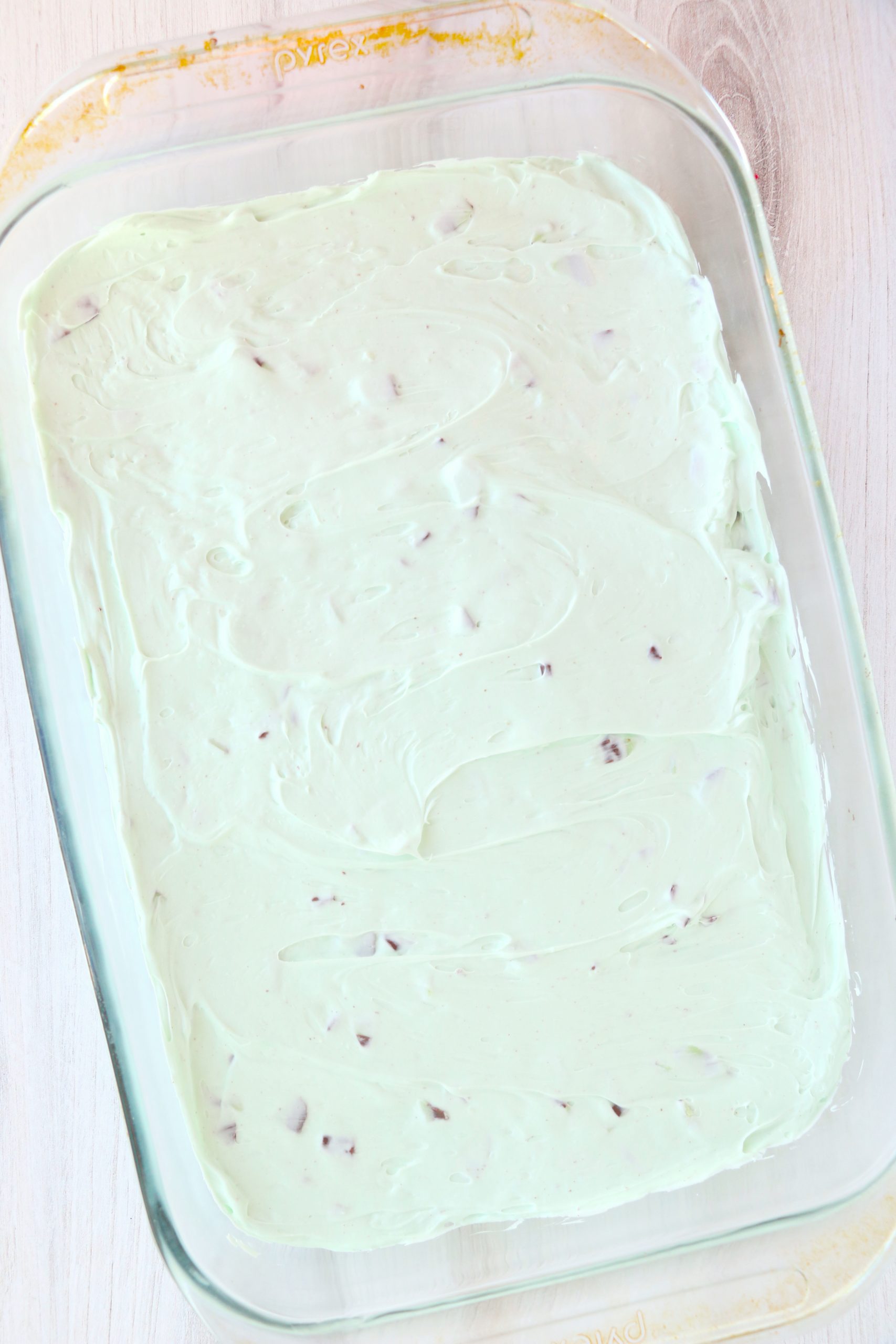 Minty cream cheese dessert in pan