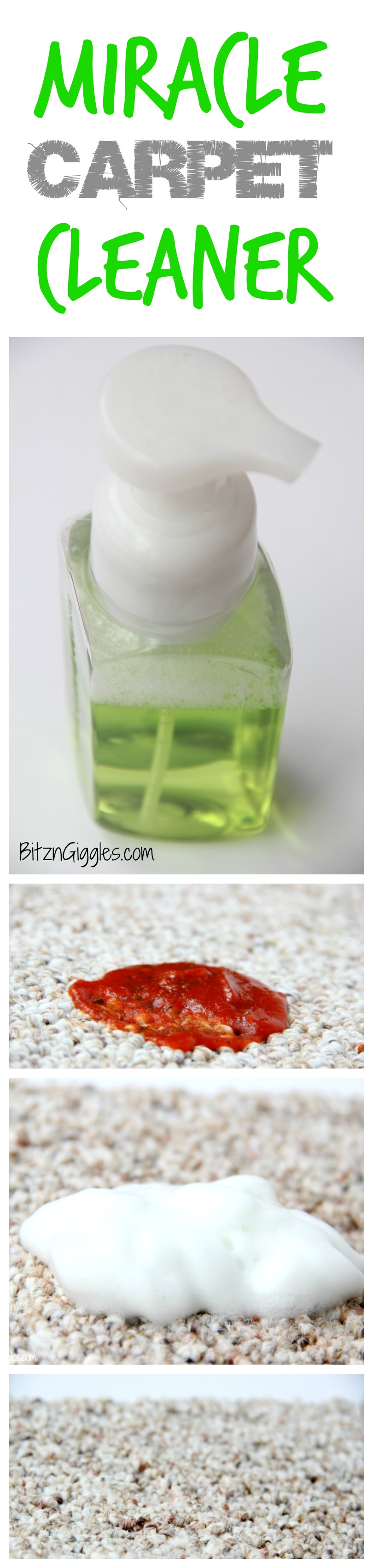 Miracle Carpet Cleaner - A homemade 4-Ingredient carpet cleaner that can get out the toughest of stains! Watch it in action by clicking through to the post!