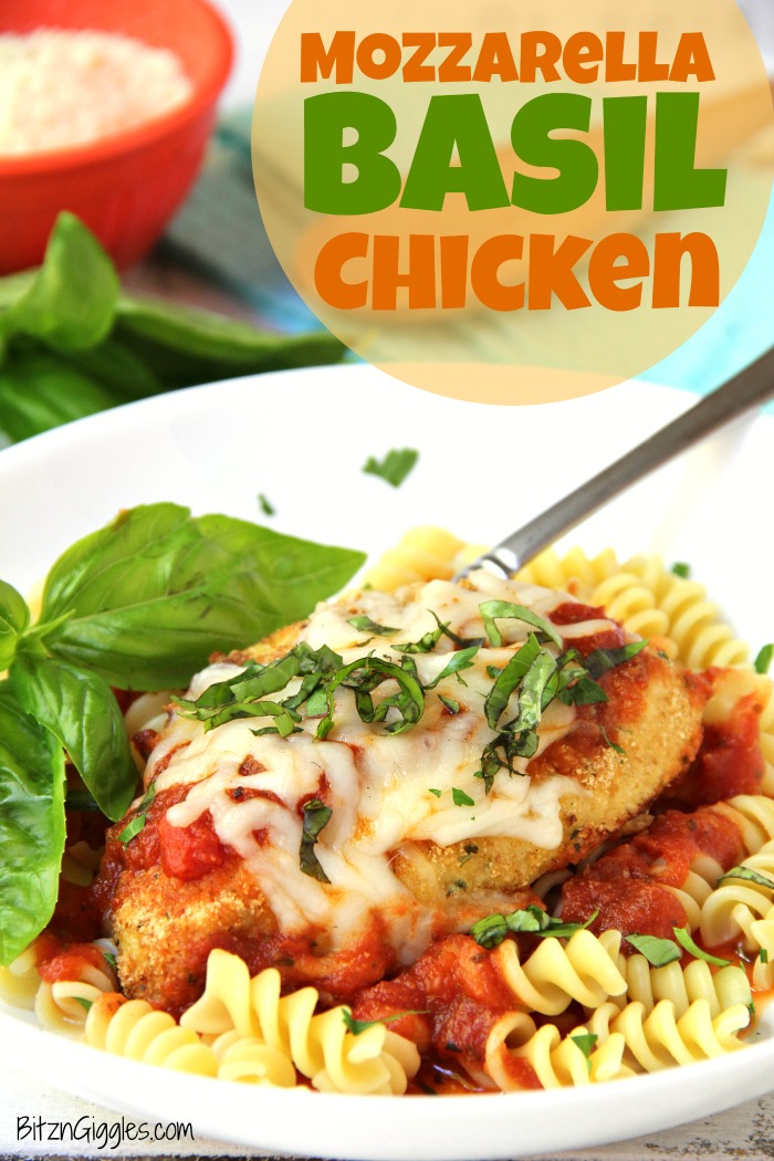 Mozzarella Basil Chicken -a delicious twist on traditional chicken parmesan. The chicken cutlets are breaded and baked, creating deliciously moist chicken to serve over pasta and sauce.