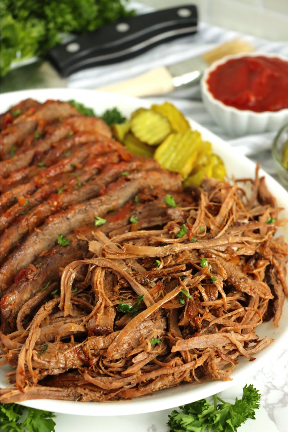 sliced and shredded beef brisket made in the Ninja Foodi