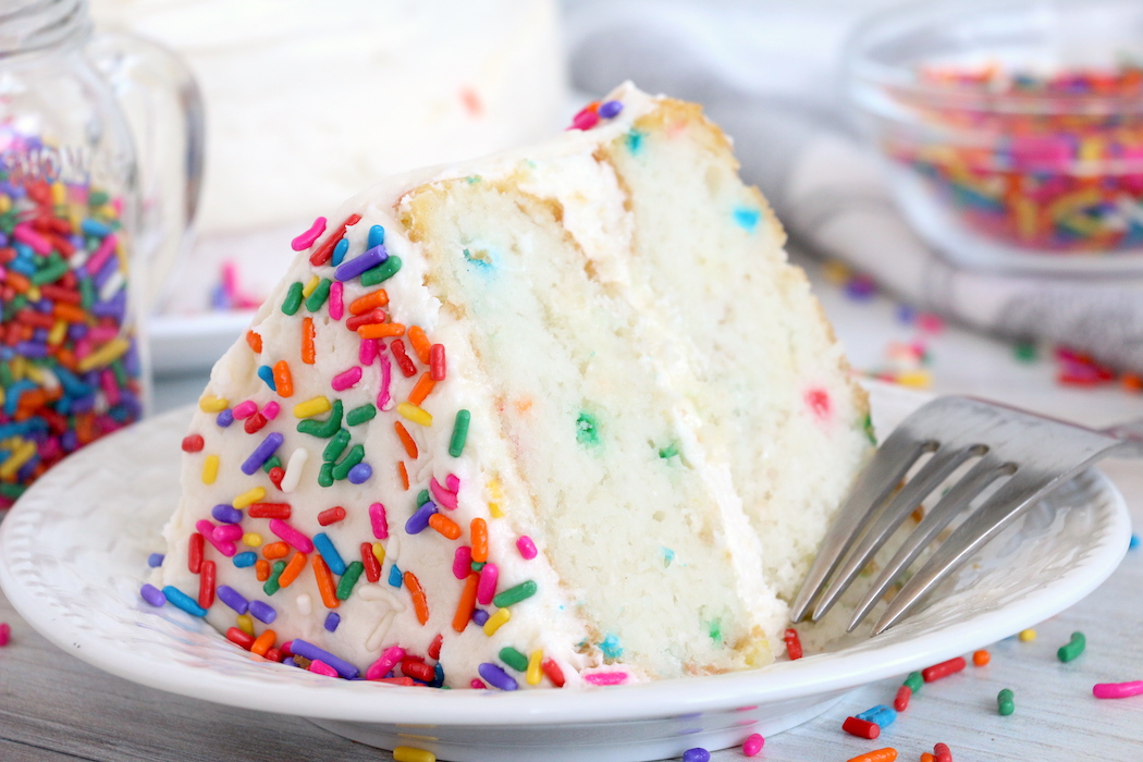 confetti birthday cake on a plate