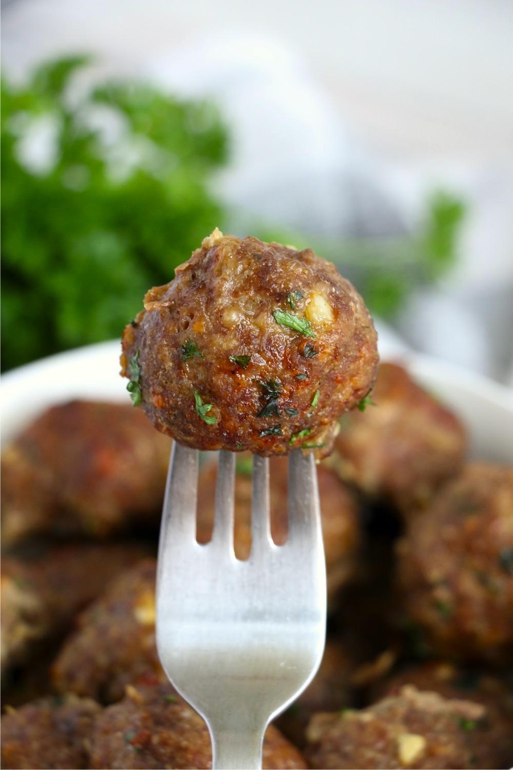 fork holding up a meatball