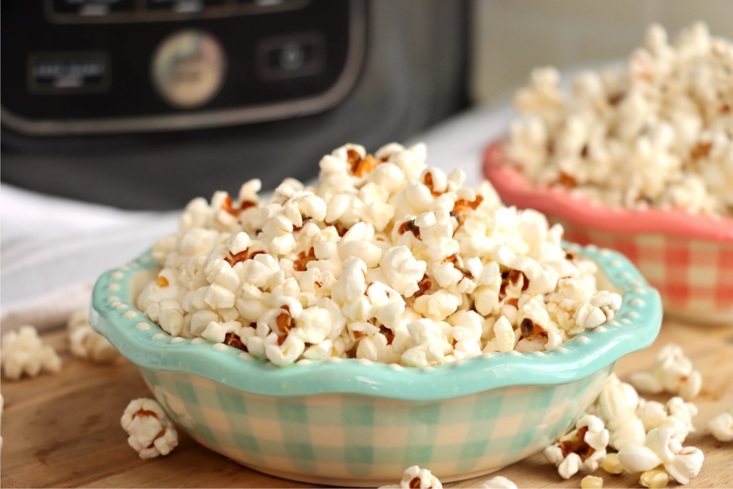 blue gingham blue filled with popcorn