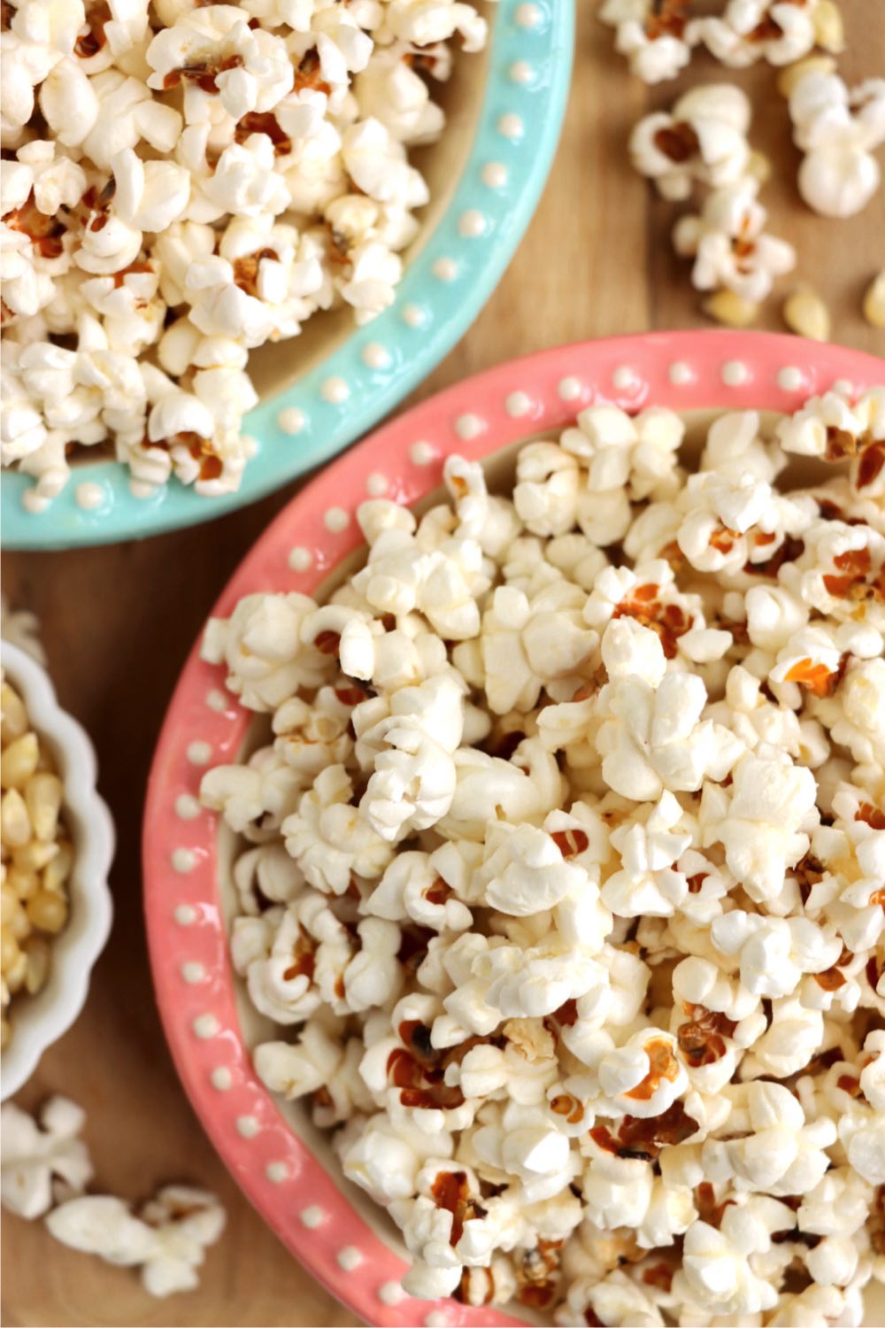 view looking down at bowls of popcorn
