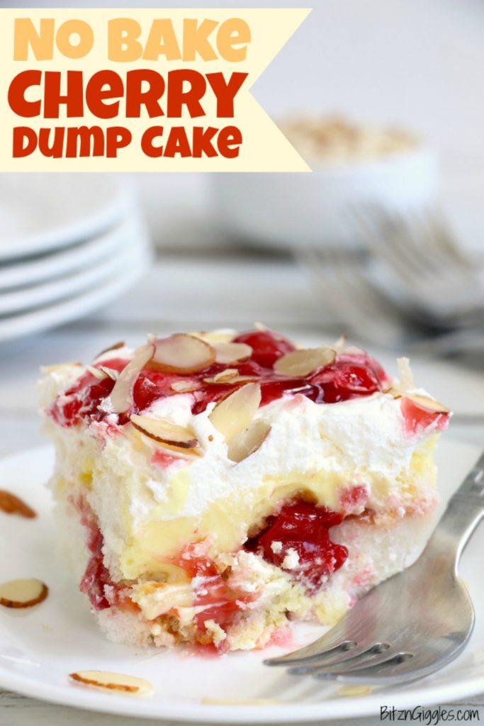 No Bake Cherry Dump Cake - An easy, no-bake cherry trifle dessert with layers of angel food cake, sour cream, pudding, cherry pie filling and whipped topping.