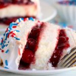 fork on a plate with a piece of cherry torte