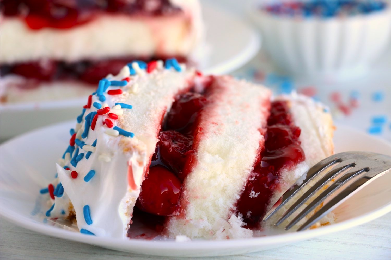 fork on a plate with a piece of cherry torte