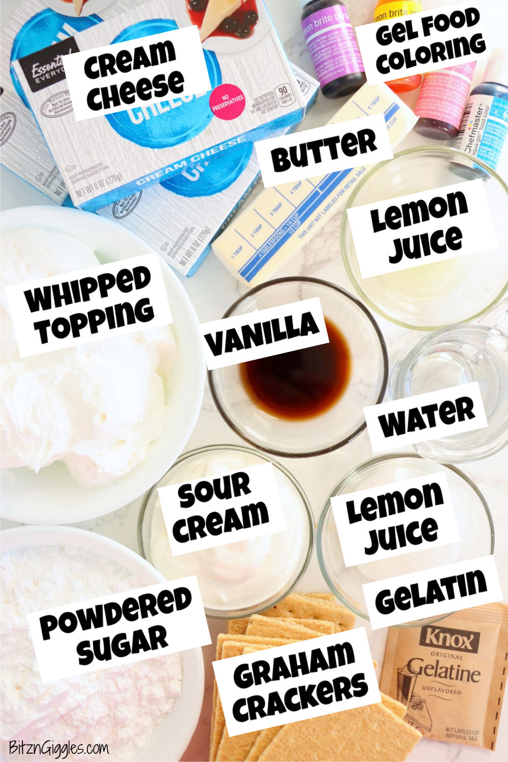 ingredients displayed on table for making an Easter cheesecake