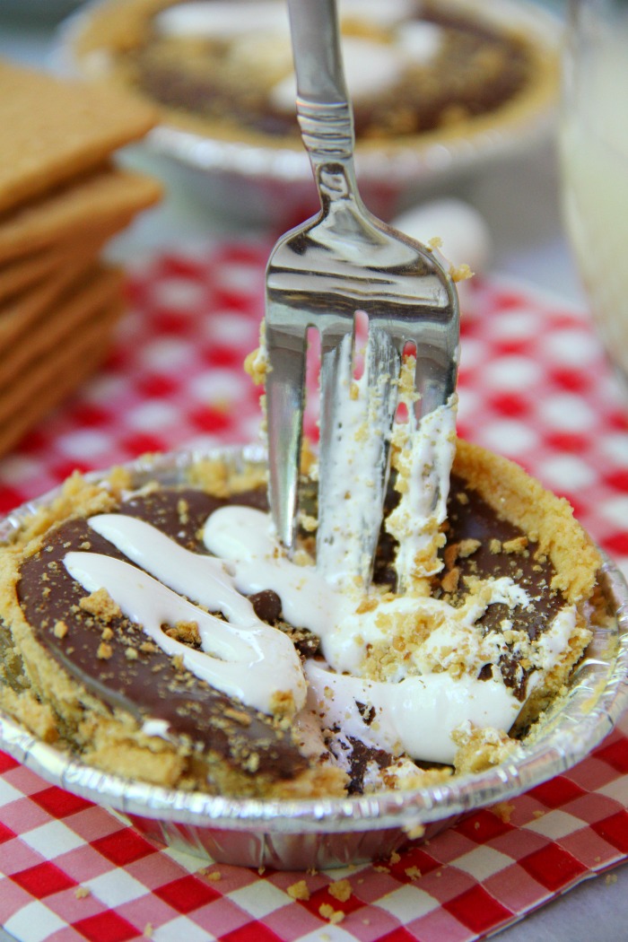 No-Bake S'mores Tarts - A delicious spin on the traditional s'more. These 5-ingredient mini pies are filled with marshmallow creme, chocolate and peanut butter. The perfect end to a summer BBQ!