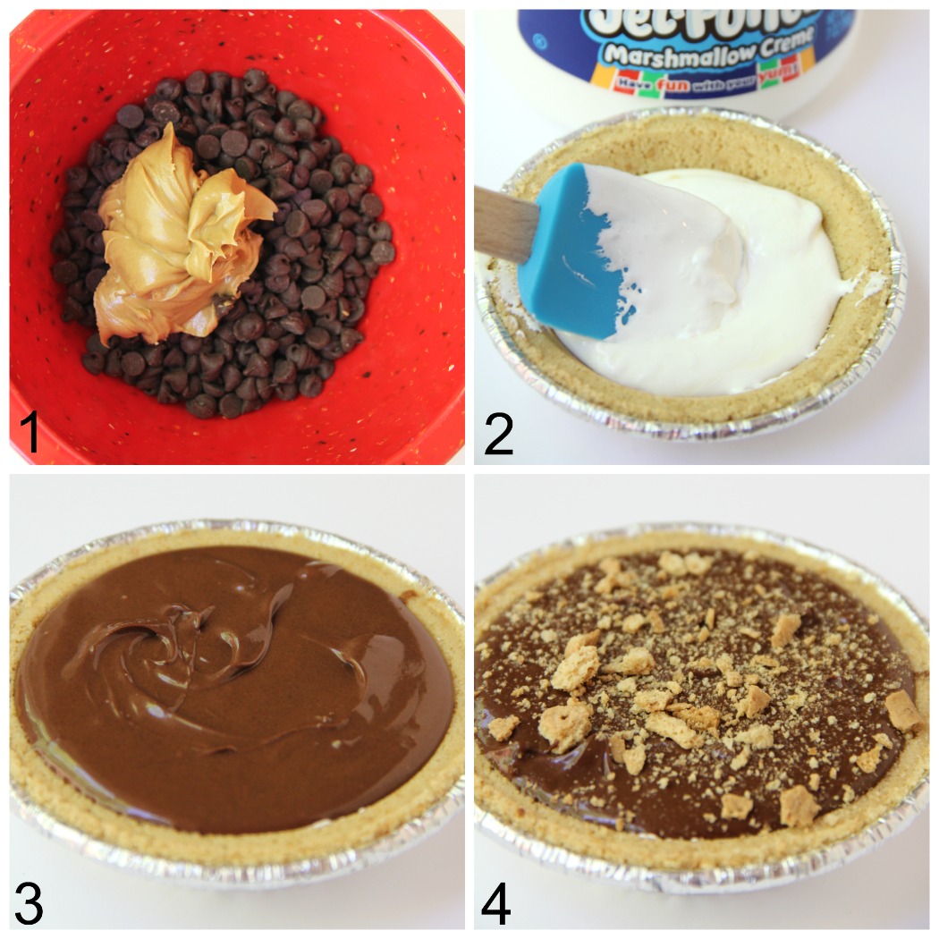 No-Bake S'mores Tarts - A delicious spin on the traditional s'more. These 5-ingredient mini pies are filled with marshmallow creme, chocolate and peanut butter. The perfect end to a summer BBQ!