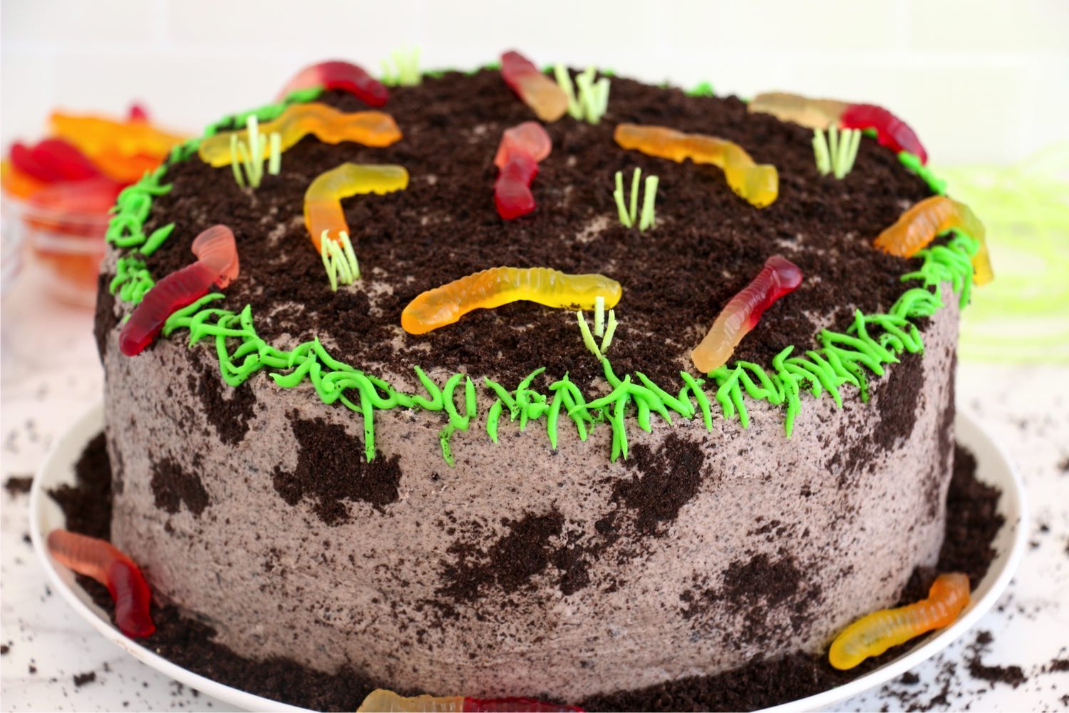 Oreo cake topped with gummy worms