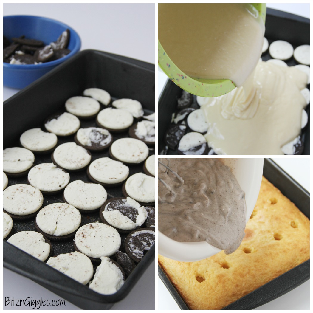 White Chocolate Oreo Pudding Poke Cake - A super moist vanilla cake with an Oreo cookie bottom, Oreo-infused center and cookie fluff frosting.