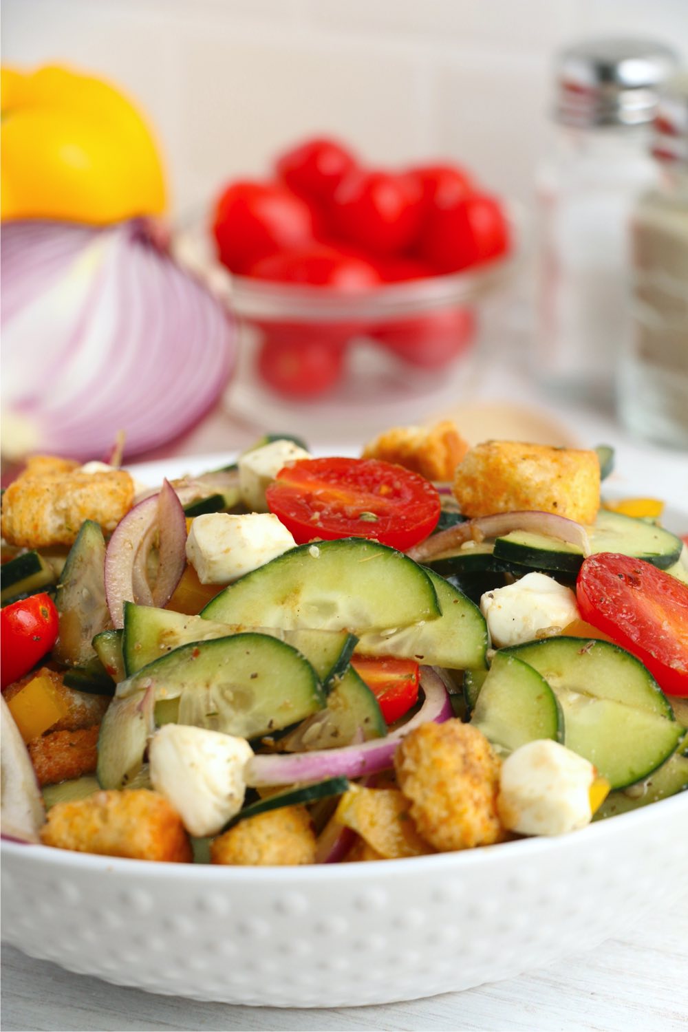 panzanella salad on a white plate
