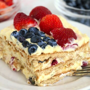 piece of layer cake with red, white and blue design