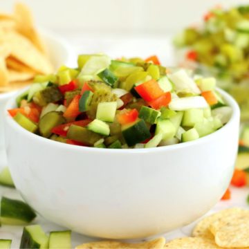 small white bowl of dill pickle dip