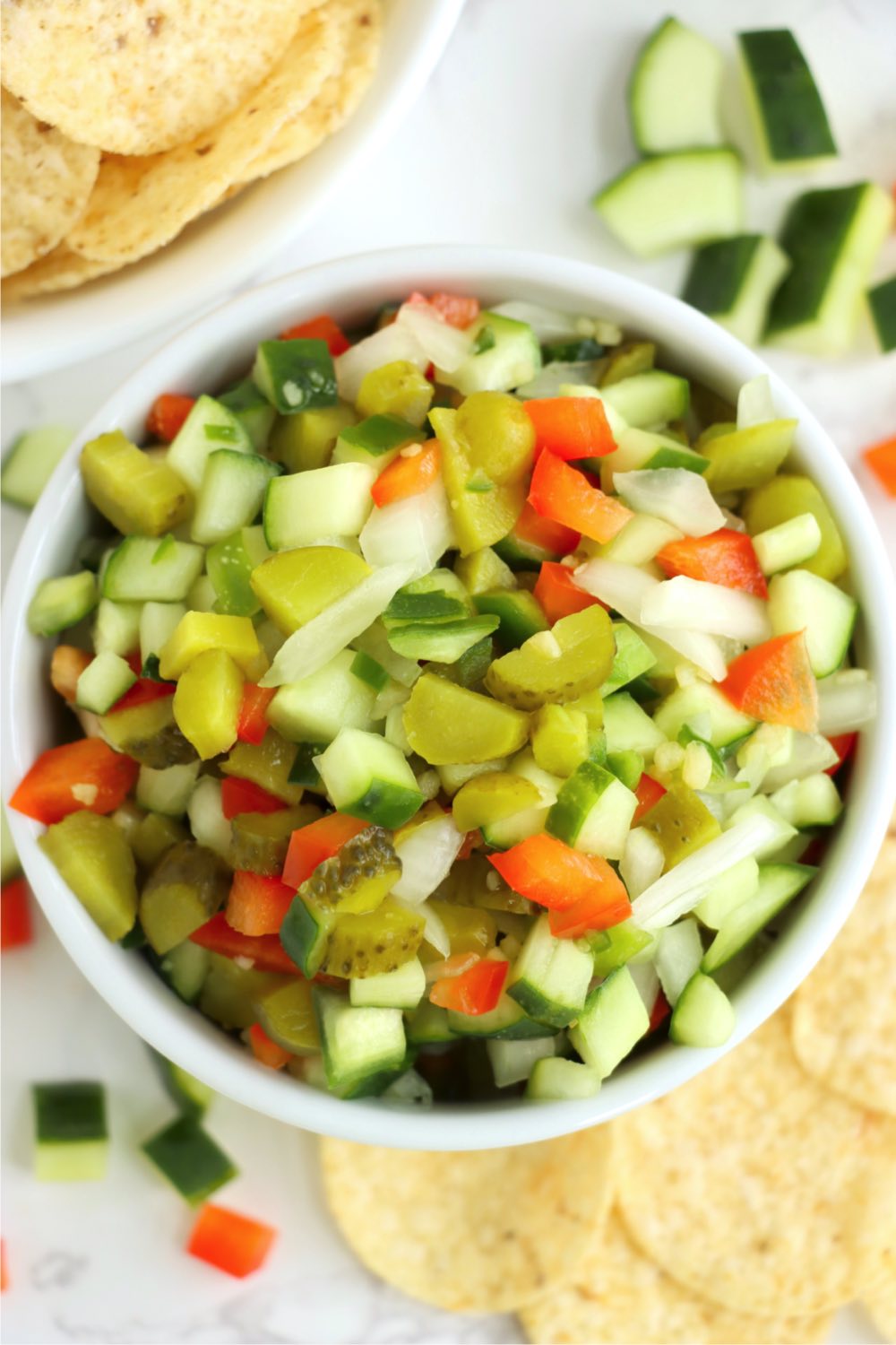 top shot of white bowl filled with pickle de gallo