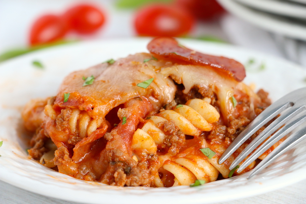 plate of pepperoni pizza casserole