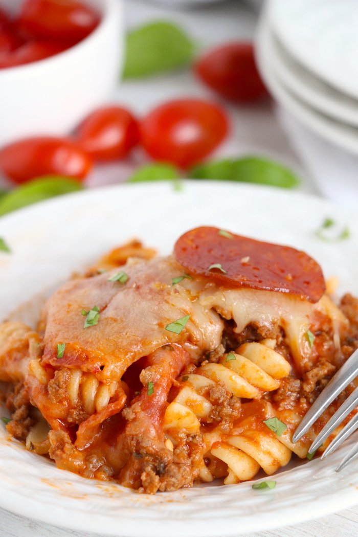 plate with rotini casserole on it