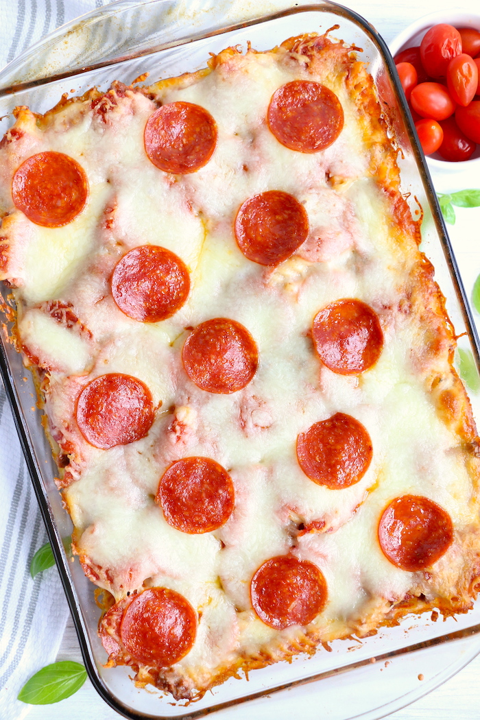 pepperoni pizza casserole in a baking dish
