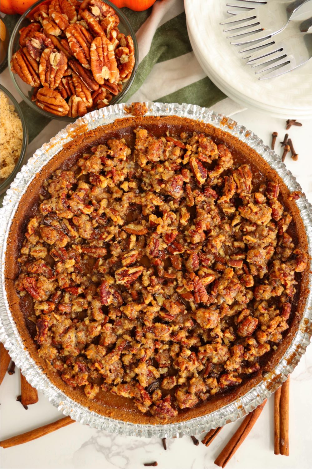 overhead shot of praline topped pumpkin pie