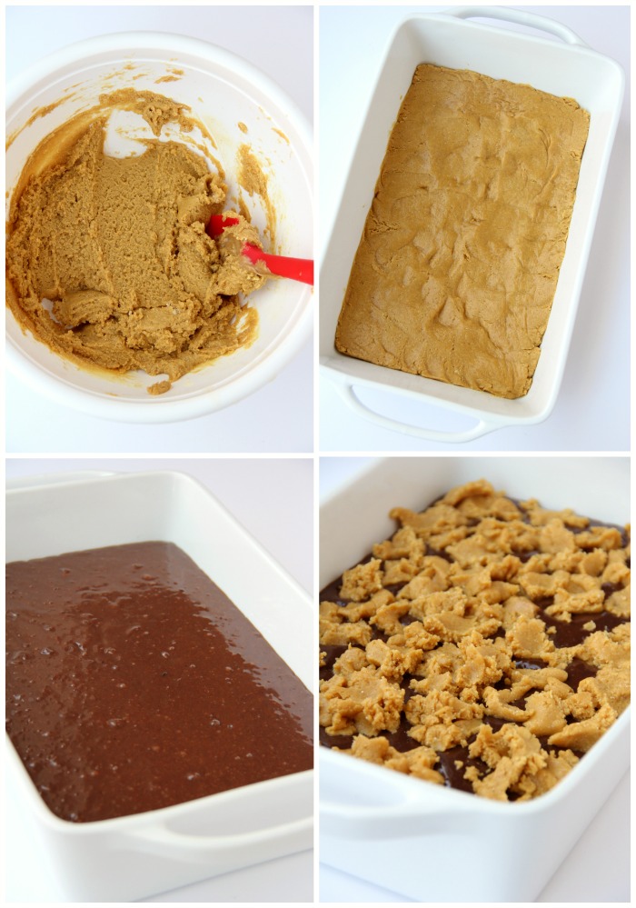 Fudge Crumble Bars - Fudge, peanut butter and coconut pecan frosting enveloped by a delicious yellow cake mix crust and crumble topping!