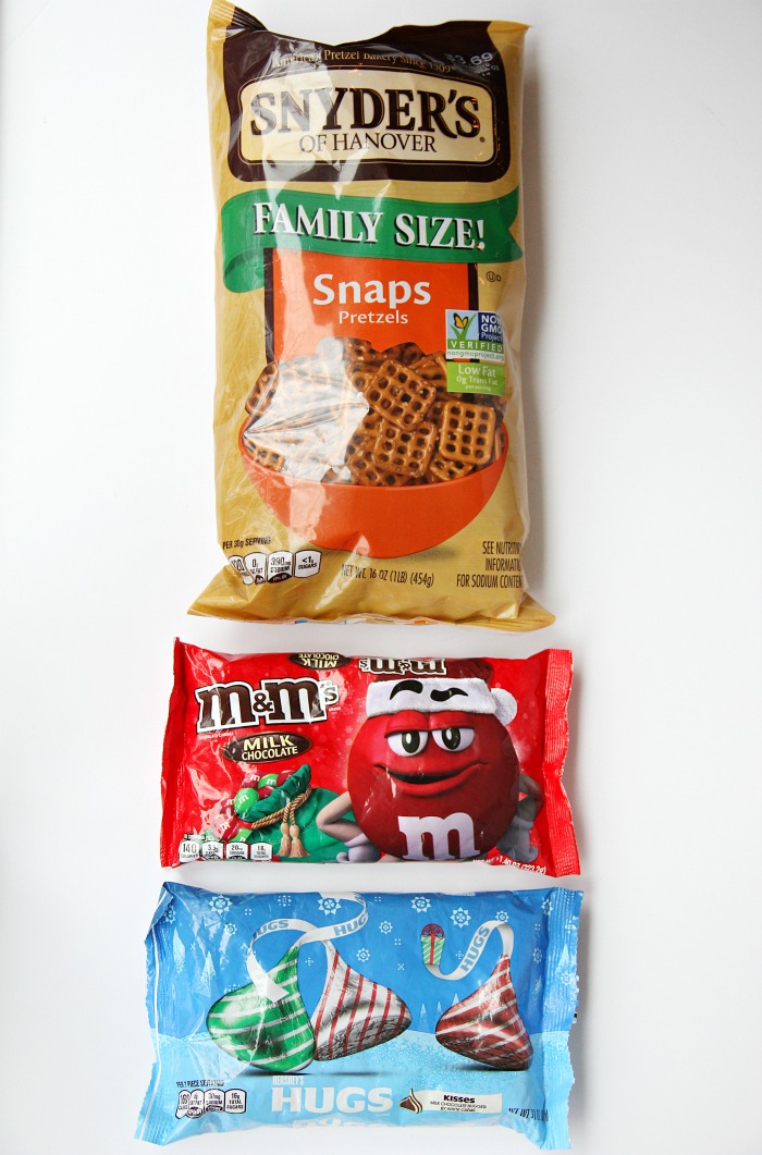 Pretzel M&M Hugs- Sweet and salty three-ingredient bite-sized treats perfect for Christmas and the holidays!