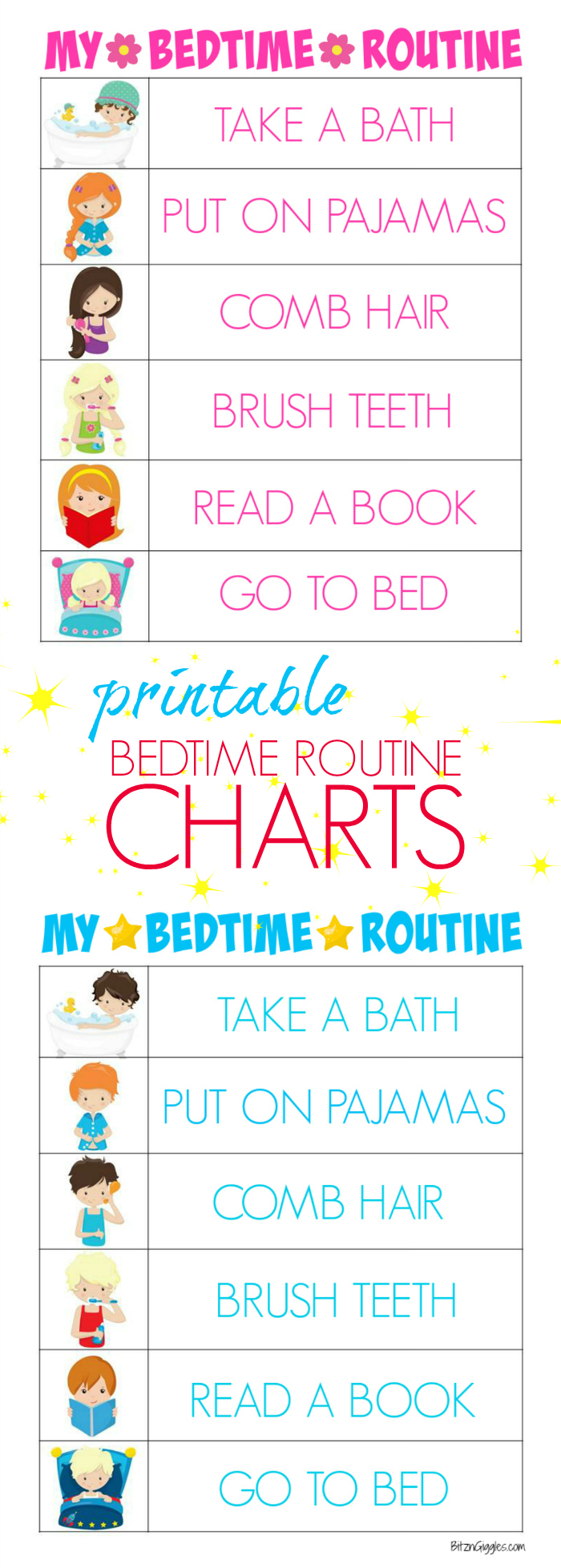 Printable Bedtime Routine Charts - Free printable kids bedtime routine charts to help teach kids independence and provide guidance for their evening routine! Charts for boys and girls!