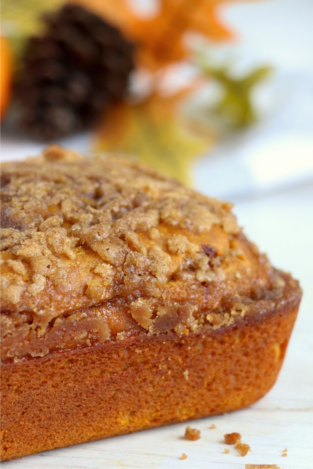 side view of loaf of pumpkin bread