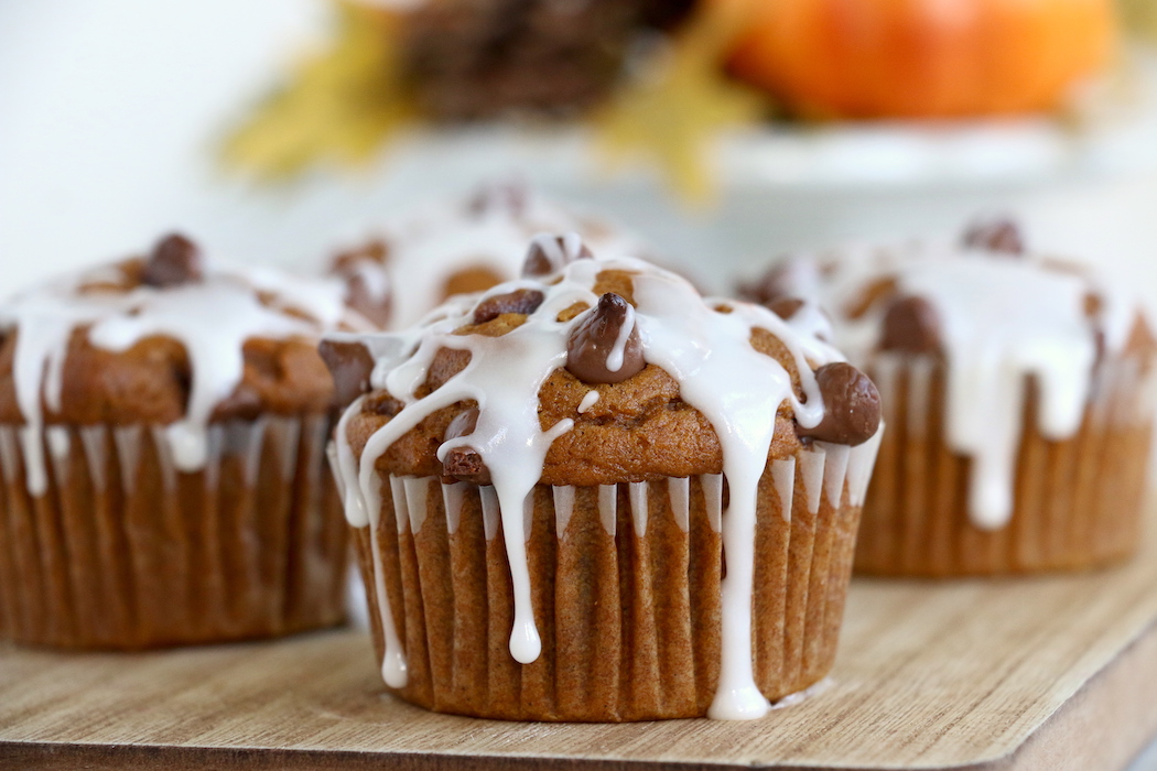 Pumpkin Chocolate Chip Muffins - Homemade pumpkin muffins sprinkled with fall spices and lots of chocolate chips!