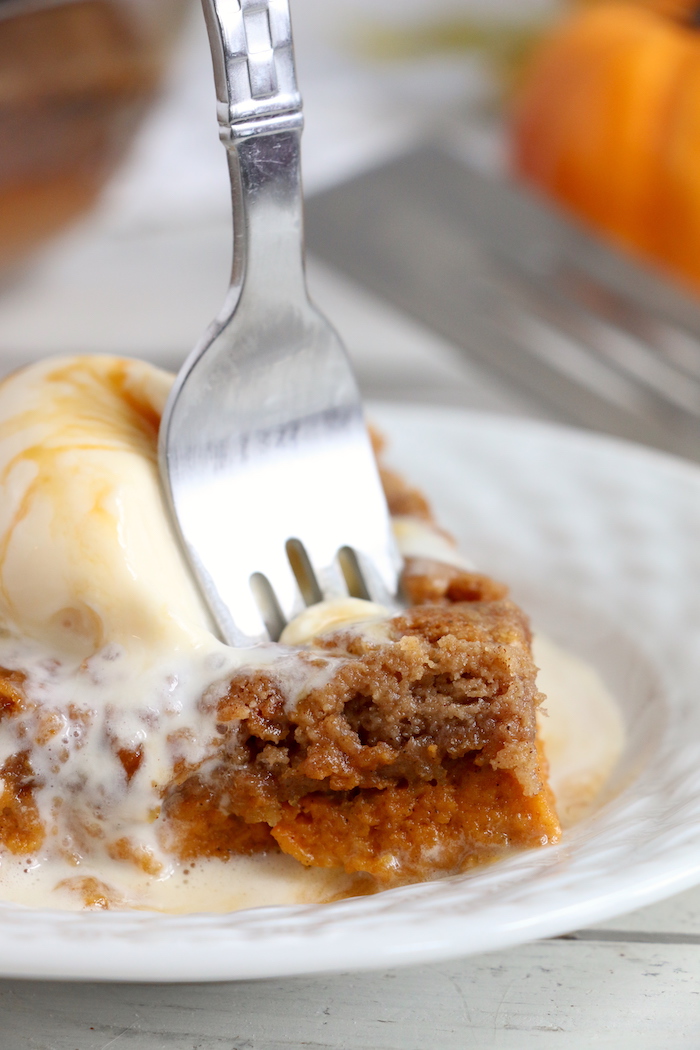 Pumpkin Dump Cake - An easy and delicious pumpkin spice cake topped with vanilla ice cream and caramel drizzle!
