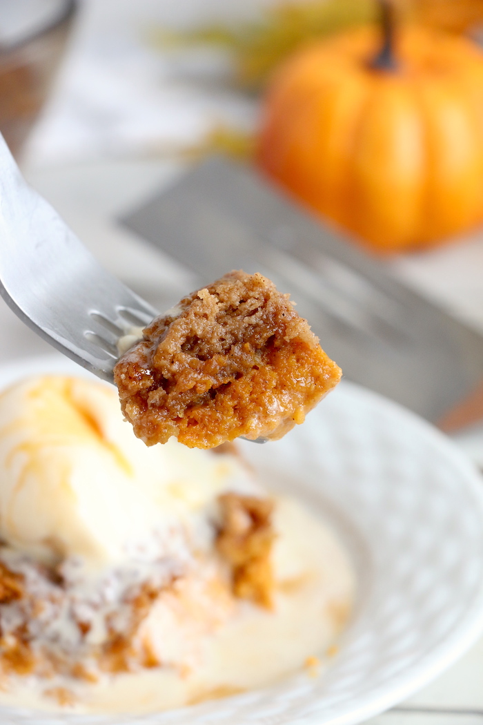 Pumpkin Dump Cake - An easy and delicious pumpkin spice cake topped with vanilla ice cream and caramel drizzle!