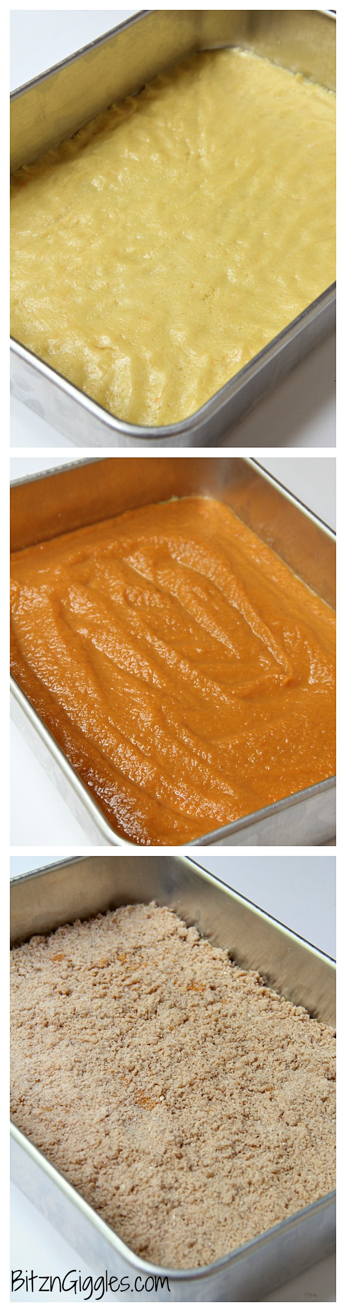 Three-layer pumpkin bars that come together with a cake mix! Cake batter crust, creamy pumpkin center and a cinnamon sugar crumble topping!