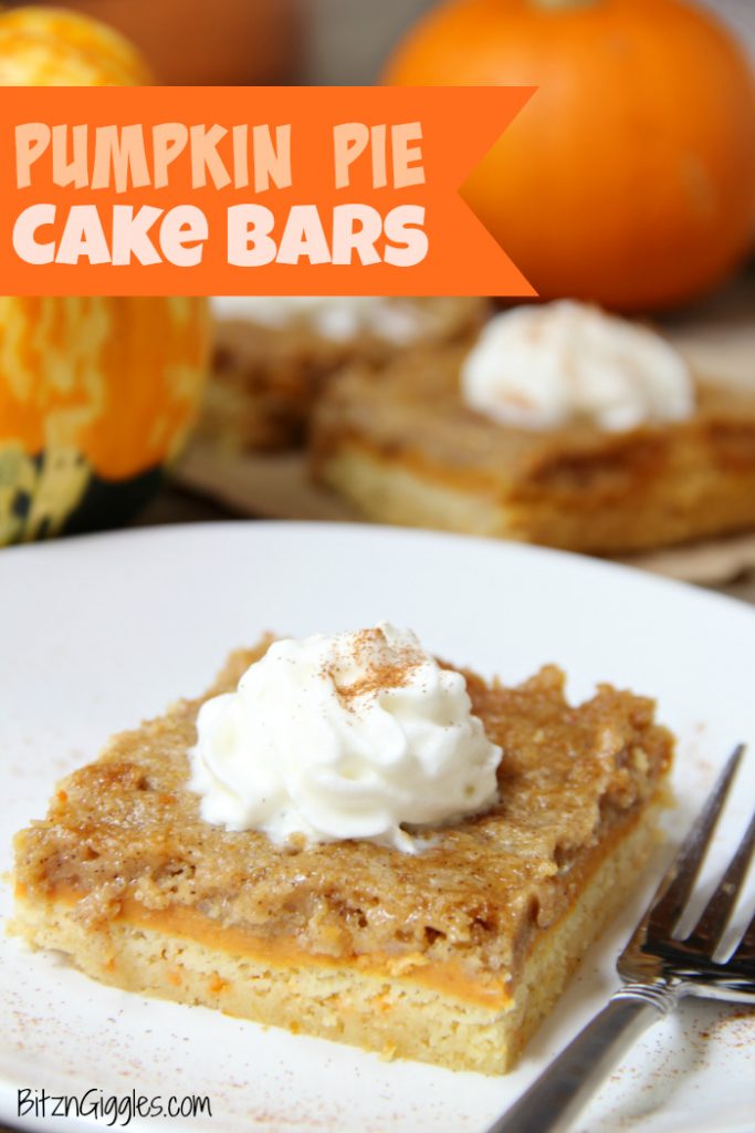 Pumpkin Pie Cake Bars - Three-layer pumpkin bars that come together with a cake mix! Cake batter crust, creamy pumpkin center and a cinnamon sugar crumble topping!