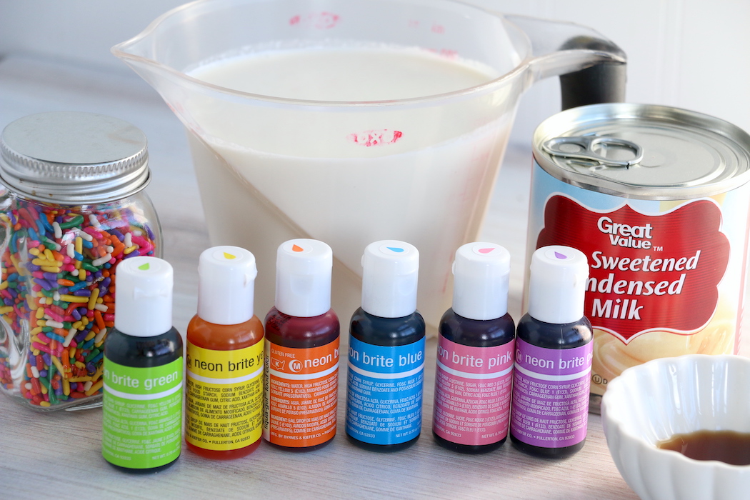 food coloring and ingredients for rainbow ice cream