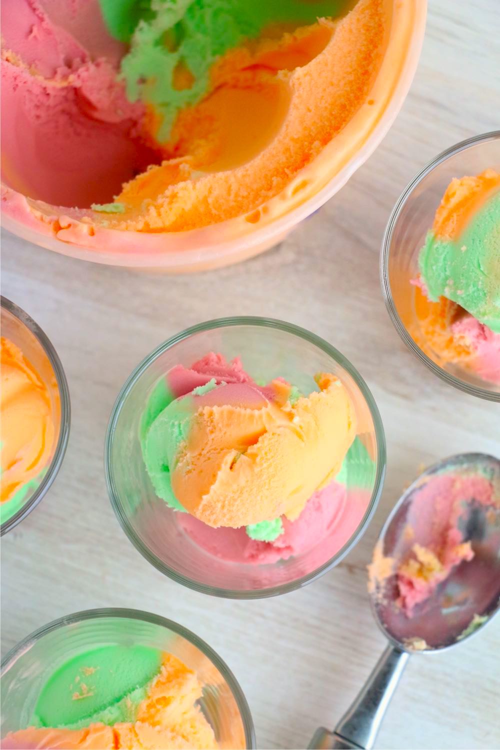 Rainbow sherbet in glasses