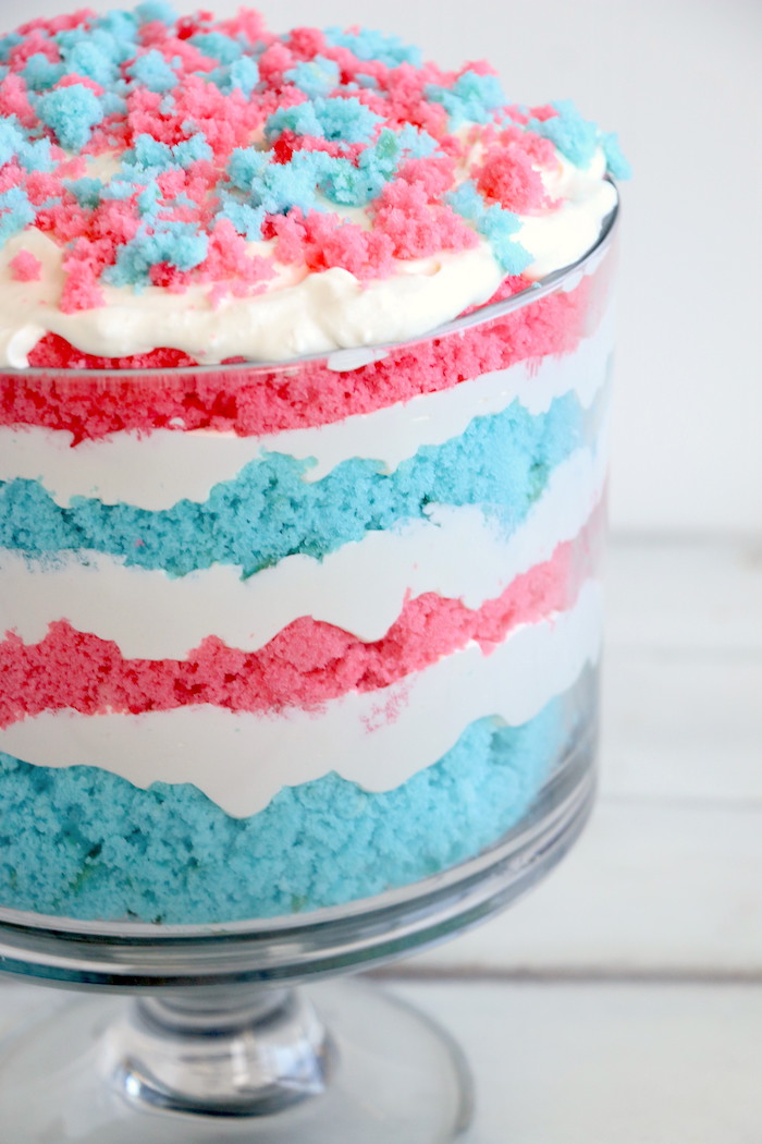 Red White and Blue Trifle - An easy and patriotic red, white and blue trifle dessert made with crumbles of white cake and a sweet creamy filling!