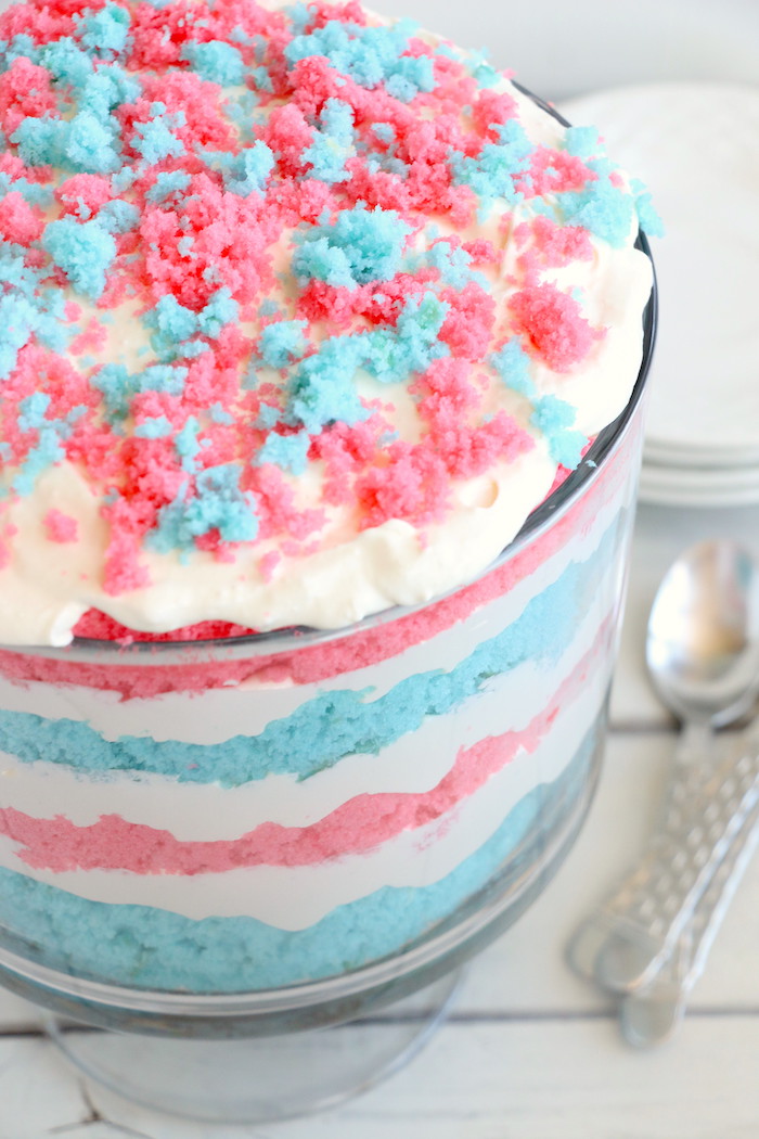 Red White and Blue Trifle - An easy and patriotic red, white and blue trifle dessert made with crumbles of white cake and a sweet creamy filling!