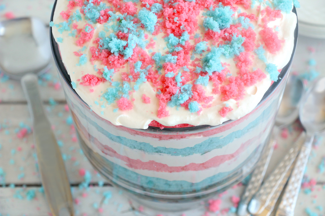 Red White and Blue Trifle - An easy and patriotic red, white and blue trifle dessert made with crumbles of white cake and a sweet creamy filling!