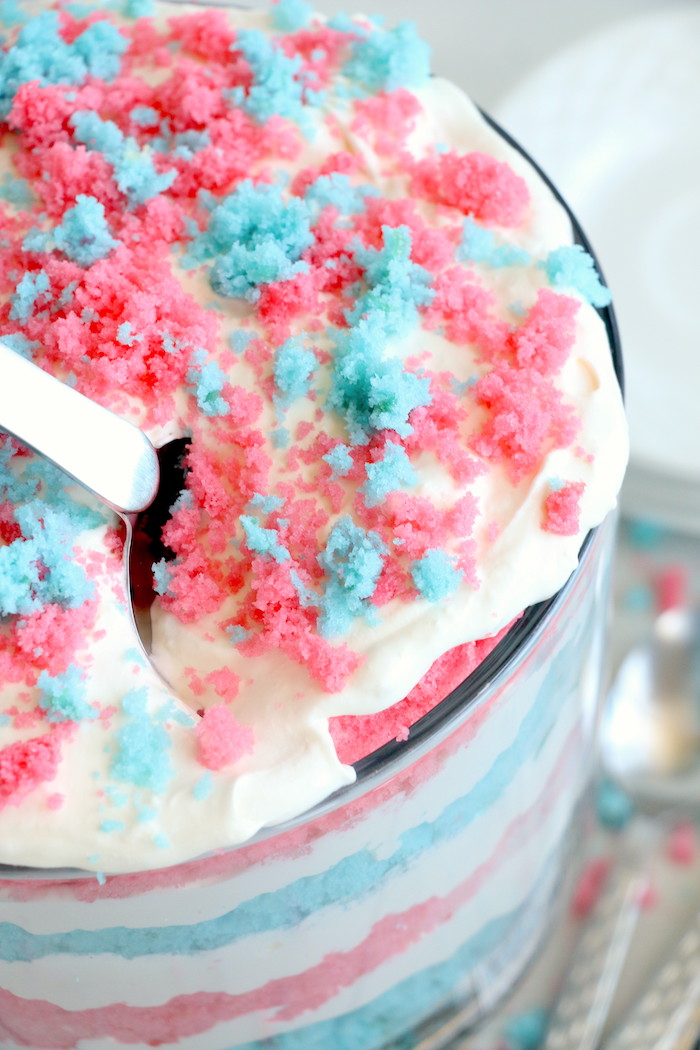 Red White and Blue Trifle - An easy and patriotic red, white and blue trifle dessert made with crumbles of white cake and a sweet creamy filling!