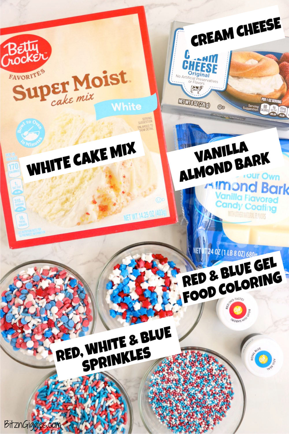 Ingredients for making patriotic truffles laid out on a white table.