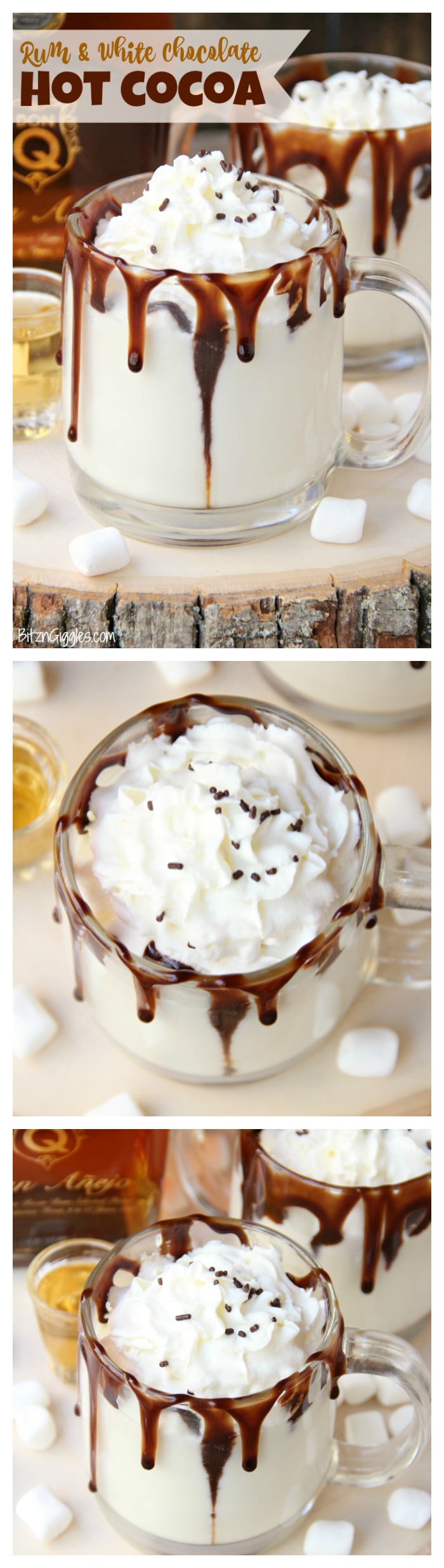 Rum & White Chocolate Hot Cocoa - a heavenly combination of white chocolate, rum, marshmallows, drizzles of chocolate and a big swirl of whipped cream topped with sprinkles is the ultimate fall indulgence!