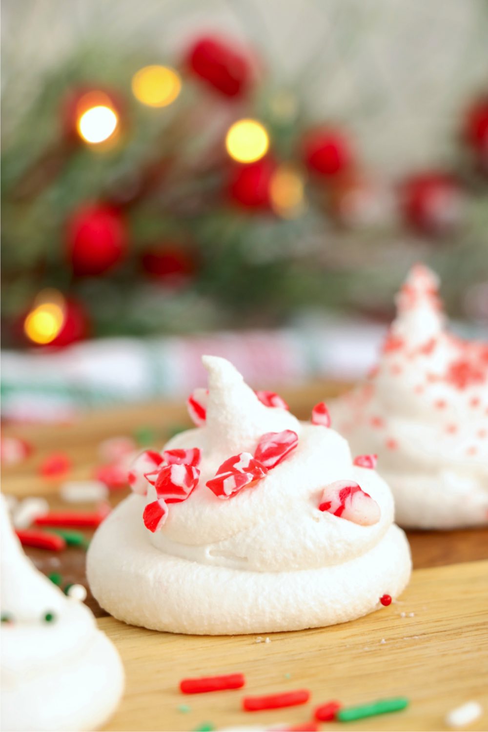 Seafoam candy in front of Christmas lights