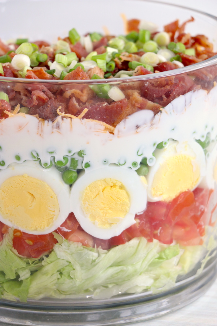 up close shot of seven layer salad