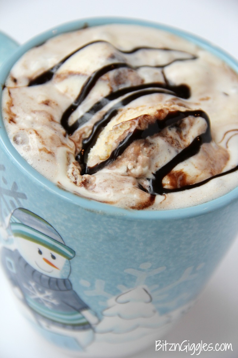 Snowball Hot Chocolate - Creamy and rich white chocolate topped off with a scoop of ice cream and garnished with chocolate.