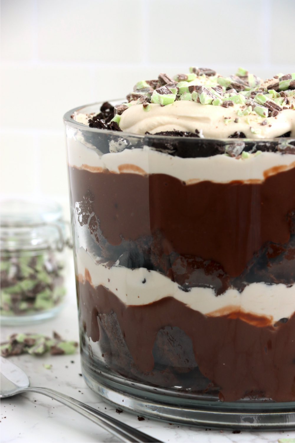 Trifle dessert with layers of chocolate cake and fudge pudding