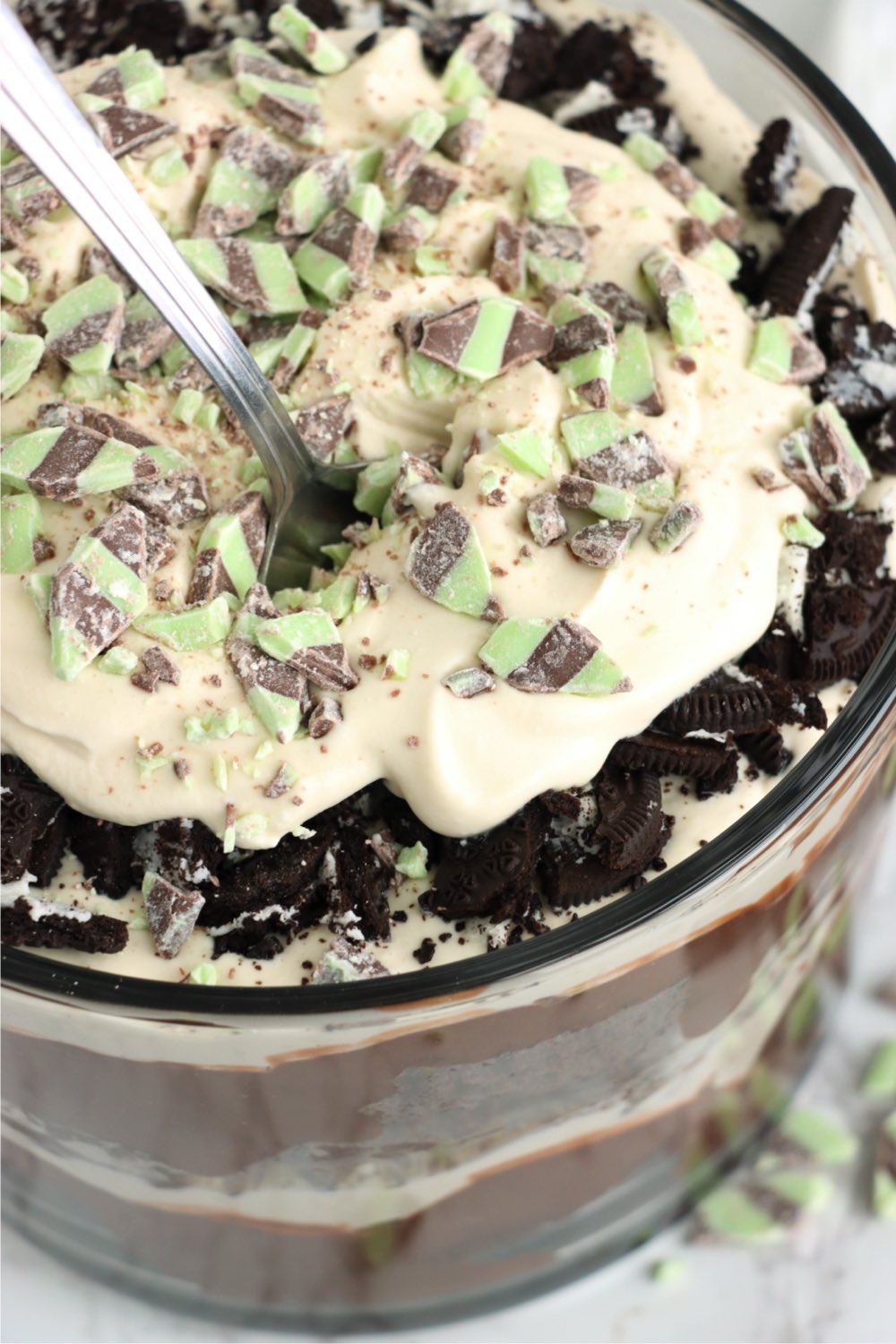 spoon going into Bailey's Irish Cream trifle dessert