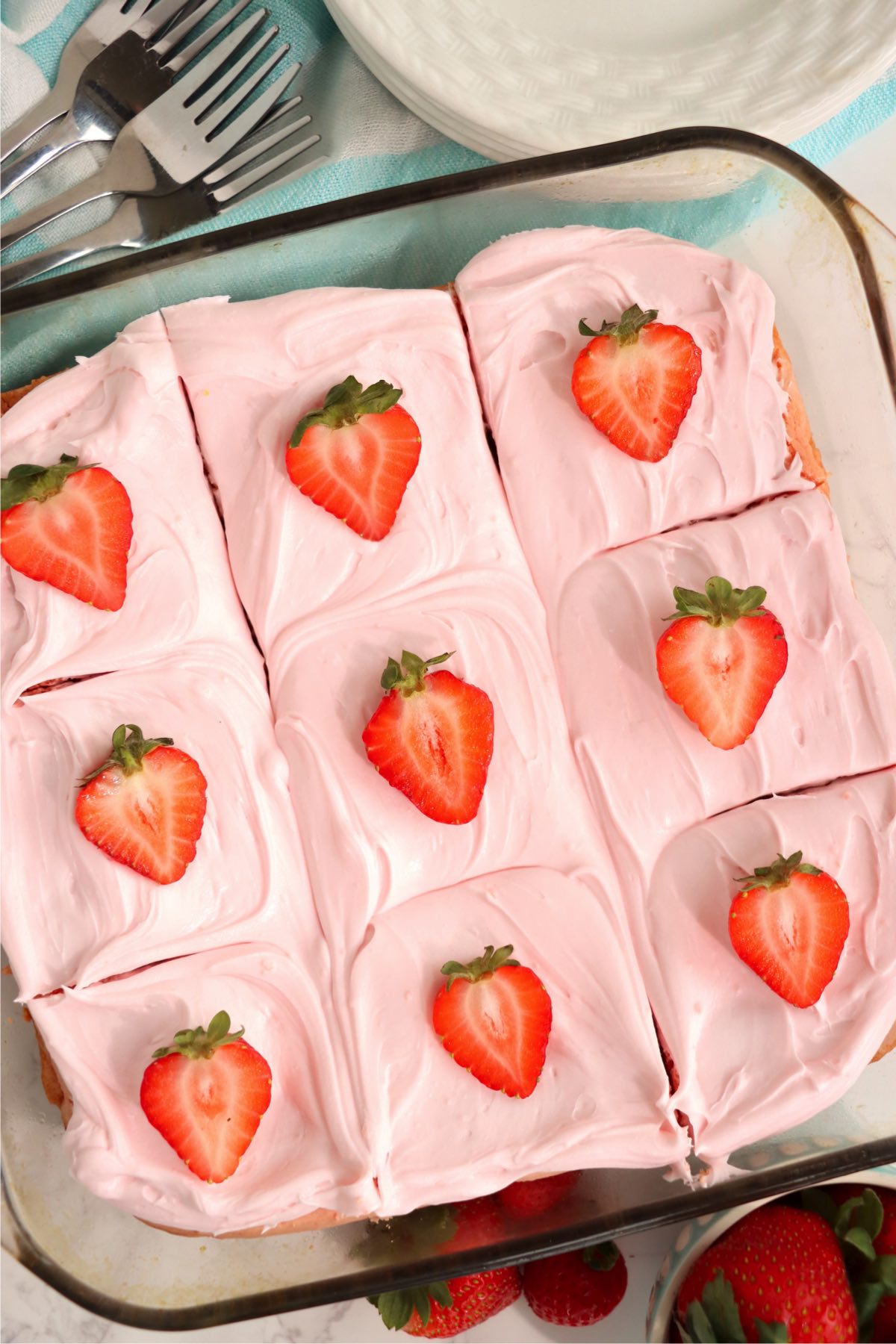 pan of sliced strawberry brownies