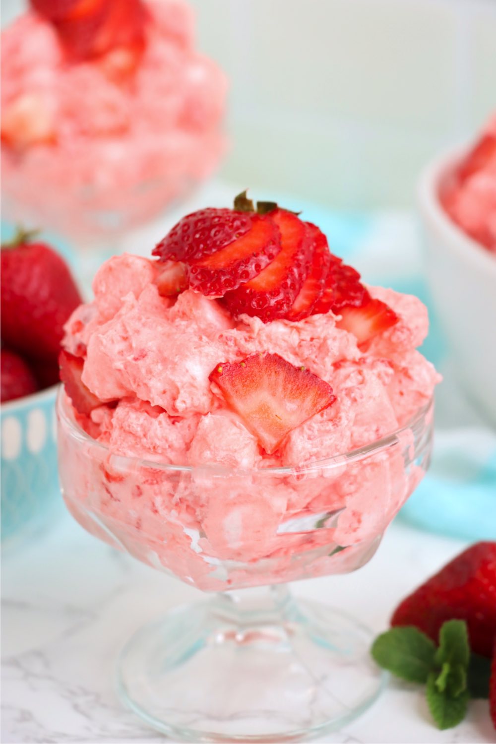 glass dish filled with strawberry fluff